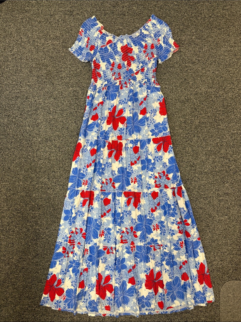 Blue & Red Floral Tiered Maxi Dress